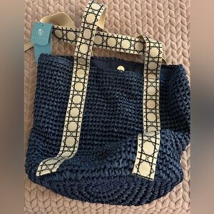 New Kiss Sea Navy Blue Woven Round Tote BAG Fully Lined Double Handles
